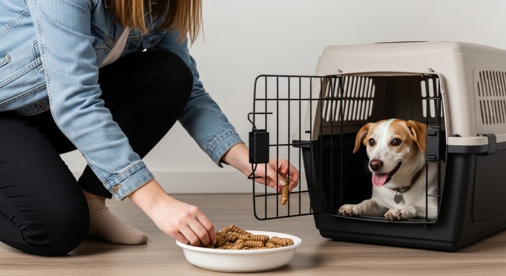 A resting puppy in a crate near the bed.